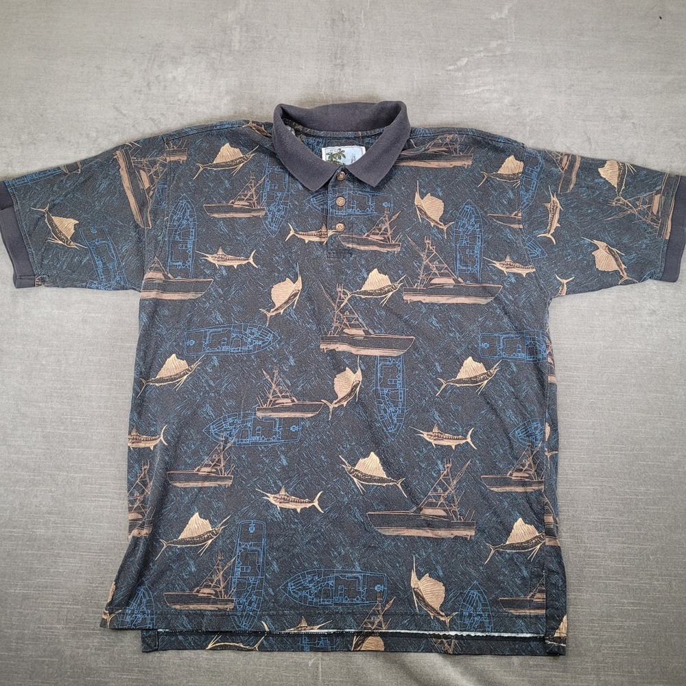 AFTCO Bluewater Mens 2X‎ Polo Shirt Blue Marlin Fishing Boat All Over Print AOP